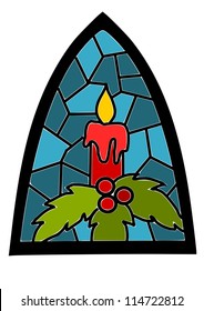 Candle on blue stained-glass window for christmas time.