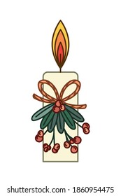 candle on mistletoe with berries of red color vector illustration design