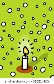 candle on snowy green background, winter light