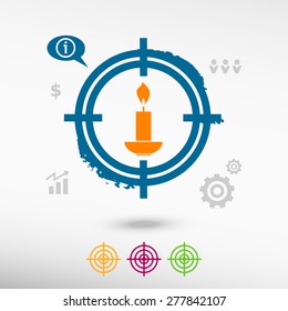 Candle on target icons background. Flat illustration.