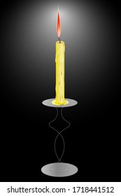 A candle, on a thin metal candlestick that has a glass top and bottom, burns in a dark space.