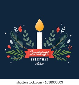 Candle And Ornaments Christmas Eve Candlelight Service Invitation. Vector Design