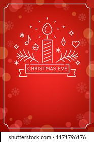 Candle And Ornaments Outline. Christmas Eve Candlelight Service Invitation. Line Art Vector Design And Festive Bokeh Background.