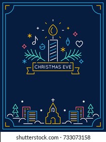 Candle and Ornaments, Winter Town and Church Outline. Christmas Eve Candlelight Service Invitation. Line Art Vector Design