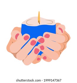 Candle in the palms. The fire burns in the hands. Flat isolated vector illustration. Design for card, banner, poster, web, template. Inspirational symbol of faith and hope.