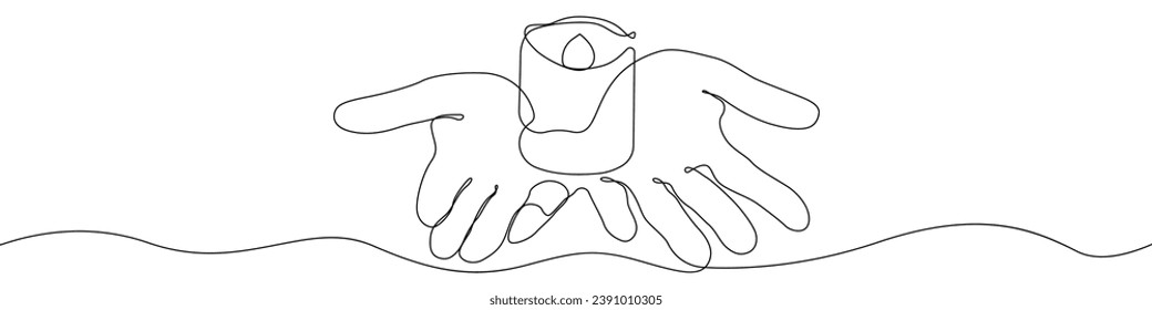 Candle in palms icon line continuous drawing vector. One line Electric safe candle icon vector background. Set of burning candles icon. Continuous outline of Wax, paraffin candle.