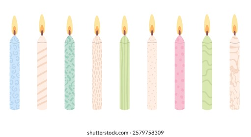 Candle for party cupcake set. Vector flat illustration collection isolated on white background.