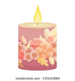 Candle. Pink candle with flowers. Flooded with flowers. The comfort of home by candlelight. Home evening by candlelight. Comfort. fire. lighting. evening by candlelight