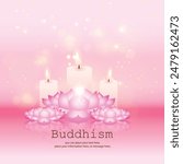 Candle and pink lotus flower vector illustration background - Magha Puja, Asanha Puja, Vesak Puja Day, Thailand culture