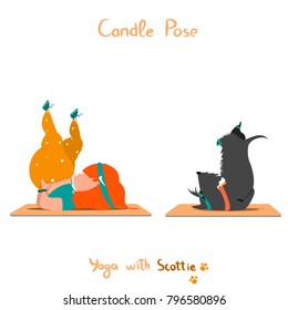 candle pose sarvangasana Cute little girl and her dog scottie doing yoga isolated on white background