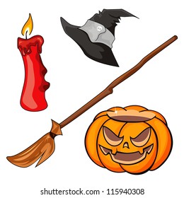 Candle, pumpkin, besom and cap