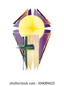 Candle with purple cross - abstract modern artistic vector illustration for All souls days or christian religious death and funeral.