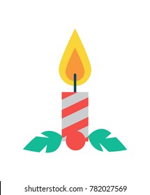 Candle of red color made of wax, Christmas decoration element with flame, ignitable wick embedded in wax vector illustration on white background