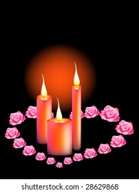 Candle and red rose on a black background