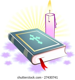  candle and religious book in colour	