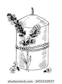A candle with a rope around it and lavender flowers. Vector illustration of vintage candlelight with flowers. Black line art print drawing. Sketch on isolated background. Hand drawn editable clipart