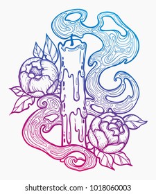 Candle and roses. Doodle drawing. Vector illustration, tattoo, art for print, posters, t-shirts and textiles.