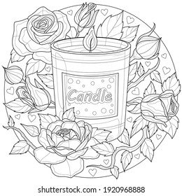 Candle with roses.Coloring book antistress for children and adults. Illustration isolated on white background.Zen-tangle style. Black and white illustration.Hand draw