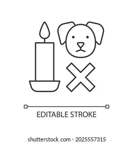 Seguridad de las velas para mascotas icono de etiqueta manual lineal. Mantente alejado del perro. Ilustración personalizable de línea delgada. Símbolo de contorno. Dibujo de contorno aislado de vectores para instrucciones de uso del producto. Trazo editable