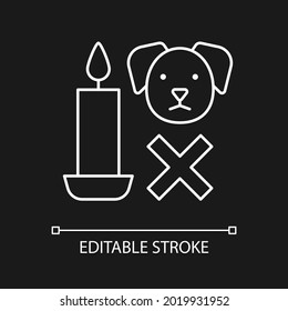 Candle safety for pets white linear manual label icon for dark theme. Thin line customizable illustration for product use instructions. Isolated vector contour symbol for night mode. Editable stroke