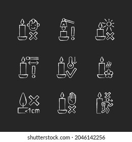 Candle safety precautions chalk white manual label icons set on dark background. Keep kids away. Extinguish flame safely. Isolated vector chalkboard illustrations for product use instructions on black