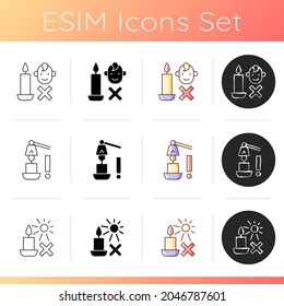 Candle safety precautions manual label icons set. Extinguish flame correctly. Avoiding direct sunlight. Linear, black and RGB color styles. Isolated vector illustrations for product use instructions