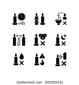 Candle safety regulations black glyph manual label icons set on white space. Use candleholder. Leftover wax disposal. Silhouette symbols. Vector isolated illustration for product use instructions