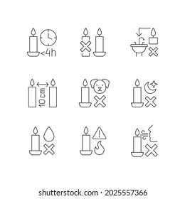 Candle safety regulations linear manual label icons set. Leftover disposal. Customizable thin line contour symbols. Isolated vector outline illustrations for product use instructions. Editable stroke