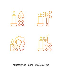 Candle safety warning gradient linear vector manual label icons set. Trim candle wick. Thin line contour symbols bundle. Isolated vector outline illustrations collection for product use instructions