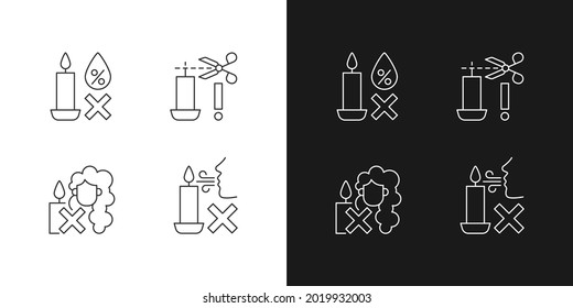 Candle safety warning linear manual label icons set for dark and light mode. Customizable thin line symbols. Isolated vector outline illustrations for product use instructions. Editable stroke