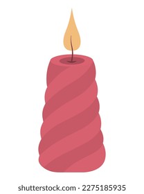 Candle scarlet twisted. Ritual attribute tapering upwards. Burning orange flame. Color vector illustration. Isolated background. Flat style. Idea for web design, invitations, postcards.