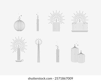 Candle set different forms and shapes drawing in art deco style on grey background