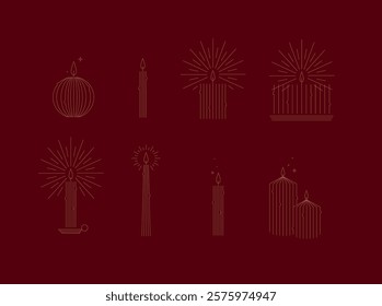 Candle set different forms and shapes drawing in art deco style on red background