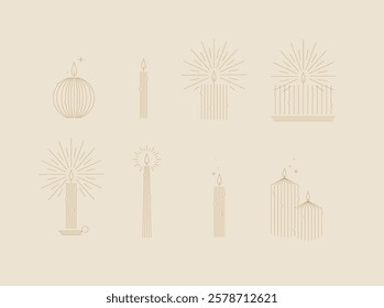 Candle set different forms and shapes drawing in art deco style on beige background