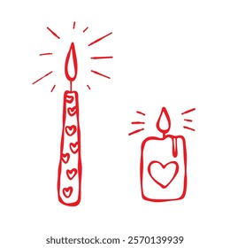 Candle set. Red line, white background. Hand drawn doodle style. Love themed illustration for Valentine, anniversaries, weddings, stickers, web, blogs, greeting cards, decor and more