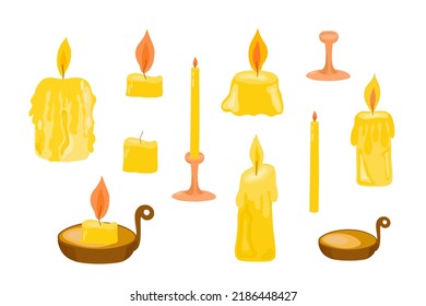 Candle set simple vector cartoon flat style illustration, clipart useful for Christmas or Halloween holiday decoration, witchcraft attribute doodle hand drawn image, gothic mystical design