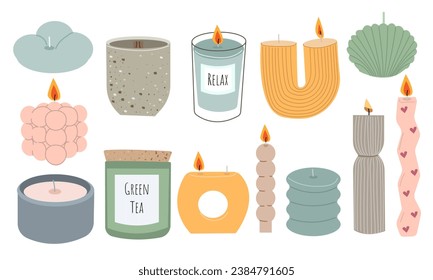 Candle set vector illustration , flat style cartoon style , different candle color and shapes, modern , cozy and luxury decoration home and house isolate on white background for different design uses