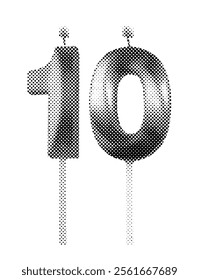 Candle shaped as the number 10. Black and gray tones in a retro, vintage style, with a lit flame on top. tenth birthday or anniversary. Vector illustration isolated on white