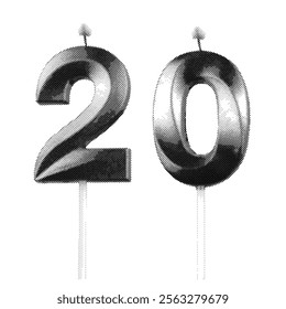 Candle shaped as the number 20. Black and gray tones in a retro, vintage style, with a lit flame on top. Grayscale dotted design, cutout effect. Vector illustration isolated on