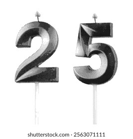 Candle shaped as the number 25. Black and gray tones in a retro, vintage style, with a lit flame on top. Grayscale dotted design, cutout effect. Vector illustration isolated on