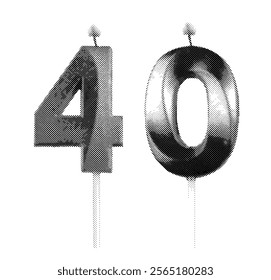 Candle shaped as the number 40. Black and gray tones in a retro, vintage style, with a lit flame on top. fortieth birthday or anniversary. Vector illustration isolated on white