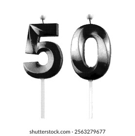 Candle shaped as the number 50. Black and gray tones in a retro, vintage style, with a lit flame on top. fiftieth birthday or anniversary. Vector illustration isolated on white