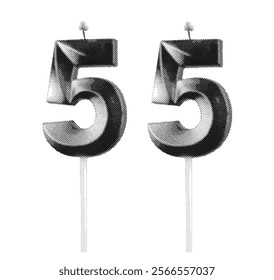 Candle shaped as the number 55. Black and gray tones in a retro, vintage style, with a lit flame on top. fifty-fifth birthday or anniversary. Vector illustration isolated on white