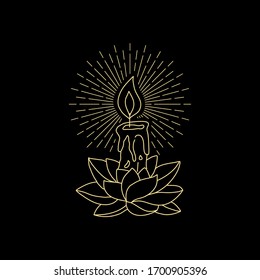 Candle shines with lotus flowers in the dark, logo or vector illustrations, symbols of kind hope, peace, tender hearts, love and charity emblems.