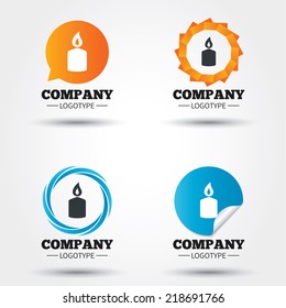 Candle sign icon. Fire symbol. Business abstract circle logos. Icon in speech bubble, wreath. Vector