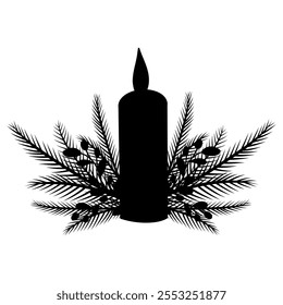 Candle Silhouette with pine twigs and pine cones vector illustration