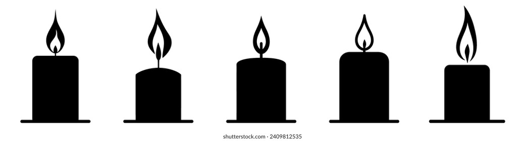 Candle silhouette. Set of black candle icons. Vector illustration.