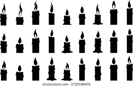 Conjunto de Vector de silueta de vela, íconos de cera negra, Formas de llama únicas, formas de vela derretidas y rectas, Elementos de diseño editables, gráfico de naturaleza, colección de arte imprimible, Ilustración vectorial decorativa