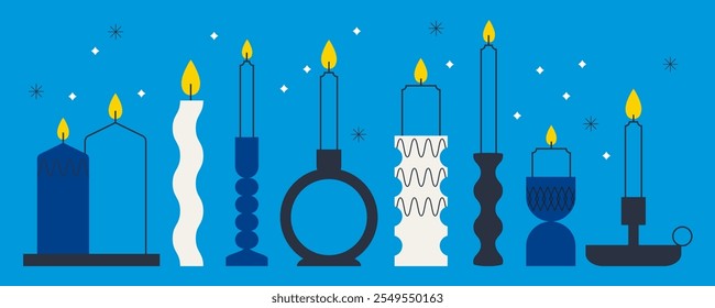 Candle silhouettes set. Various vintage candle holders. Candlestick collection. Modern home interior decor elements. Burning candles vector illustration. Flat trendy abstract style background