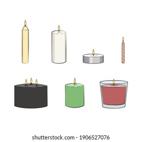 Candle Simple Illustrated Set. Vector Candles: Long Stick, Jar, Pillar Candle, Container Candle, Tealight, Multi Wick, Party Candle. Isolated Graphic Illustration.